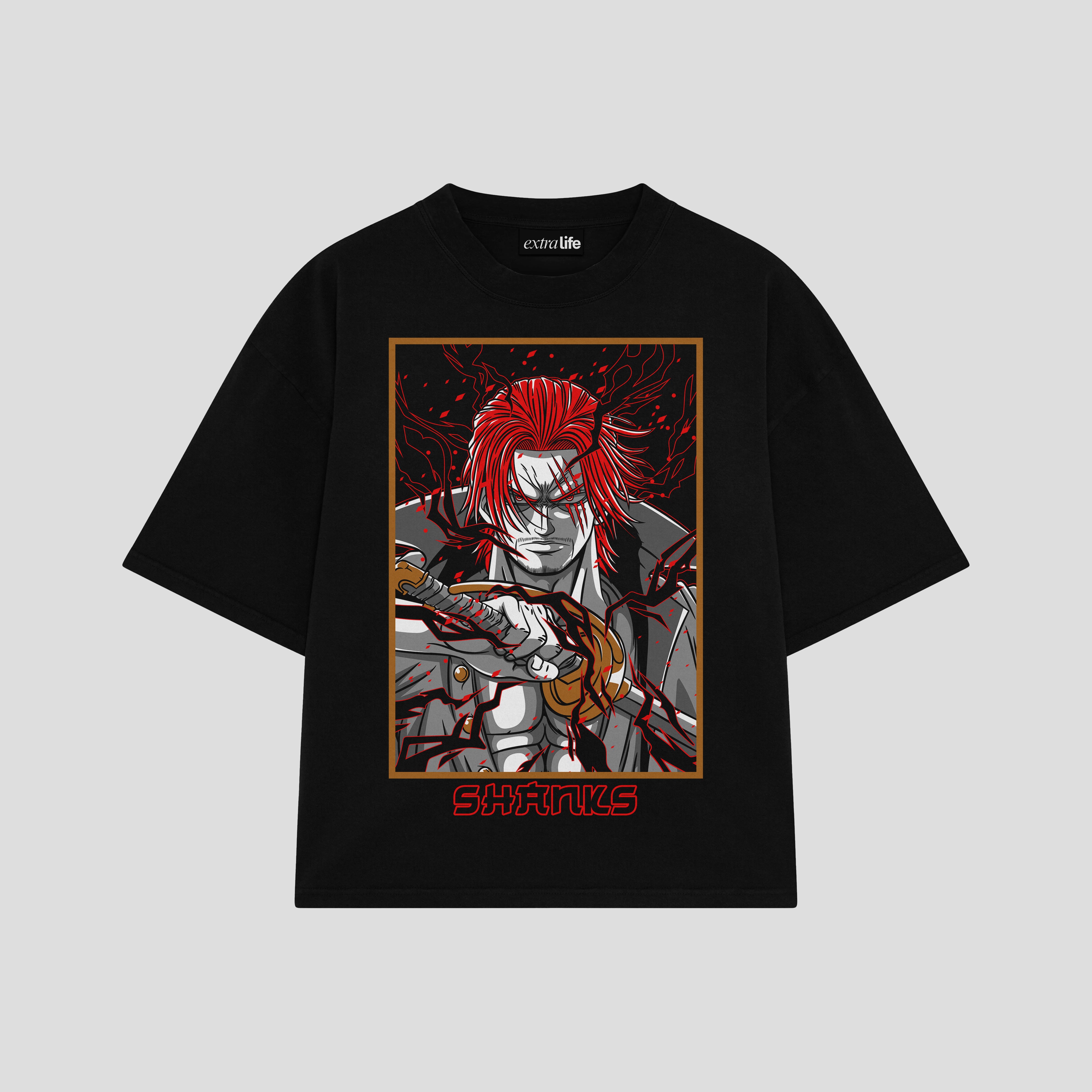 Playera streetwear premium de anime y gaming ExtraLife MX, corte boxy oversized drop shoulder heavyweight en color Deep Black y Off-White, moda urbana mexicana de culto.