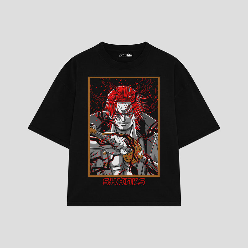 Playera streetwear premium de anime y gaming ExtraLife MX, corte boxy oversized drop shoulder heavyweight en color Deep Black y Off-White, moda urbana mexicana de culto.
