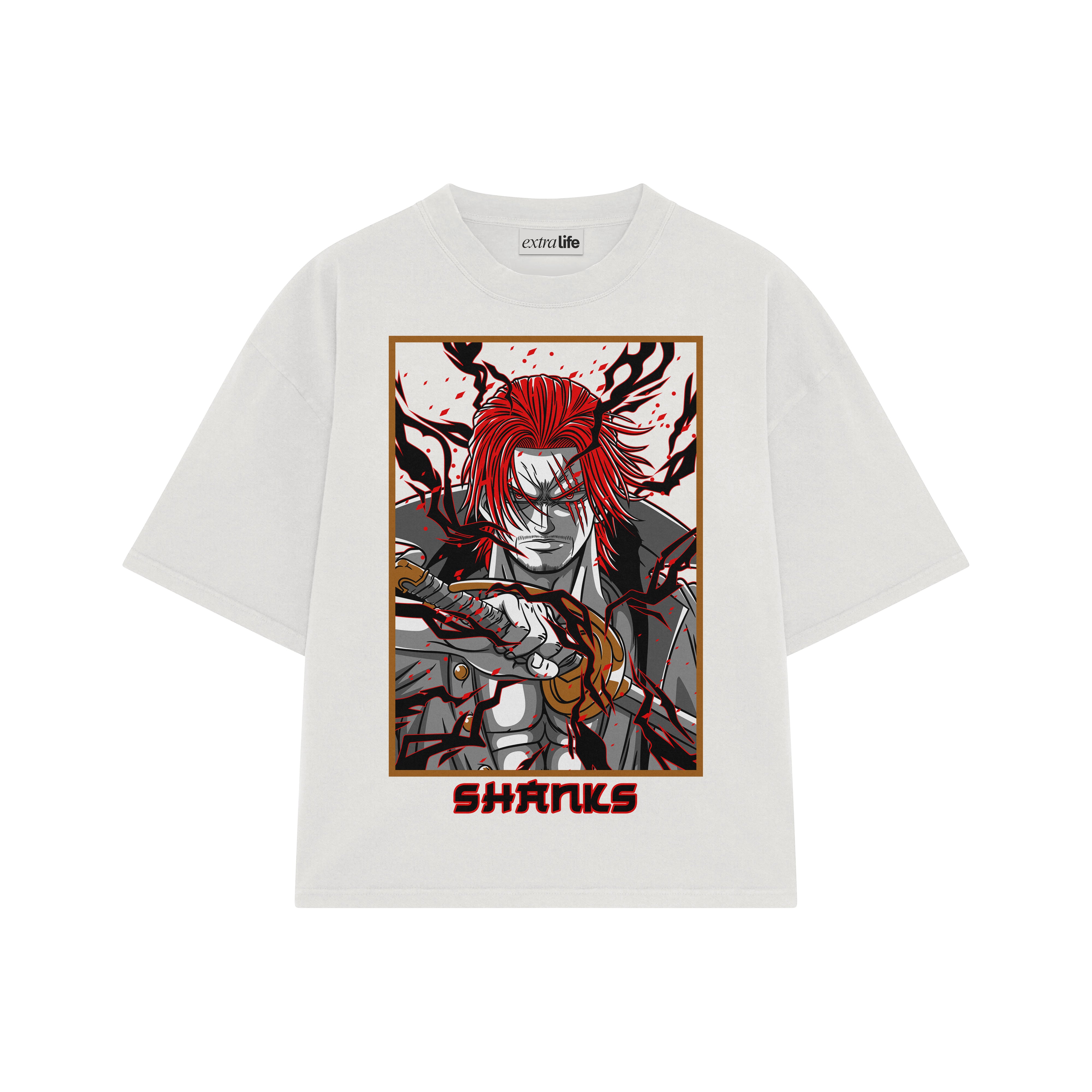 Playera streetwear premium de anime y gaming ExtraLife MX, corte boxy oversized drop shoulder heavyweight en color Deep Black y Off-White, moda urbana mexicana de culto.