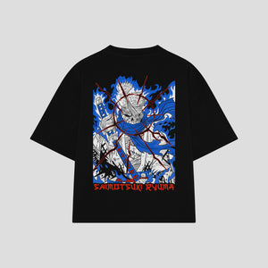 Playera streetwear premium de anime y gaming ExtraLife MX, corte boxy oversized drop shoulder heavyweight en color Deep Black y Off-White, moda urbana mexicana de culto.