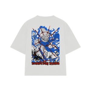 Playera streetwear premium de anime y gaming ExtraLife MX, corte boxy oversized drop shoulder heavyweight en color Deep Black y Off-White, moda urbana mexicana de culto.