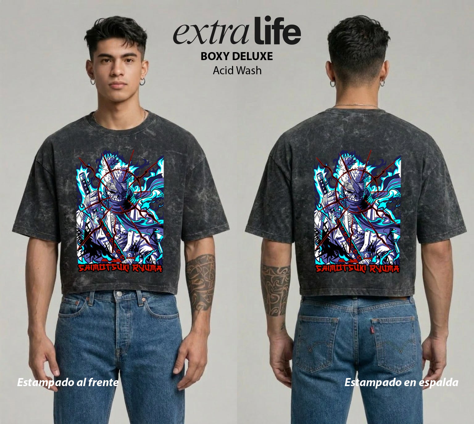 Playera streetwear premium de anime y gaming ExtraLife MX, corte boxy deluxe mineral wash heavyweight en color Acid Wash, moda urbana mexicana de culto.