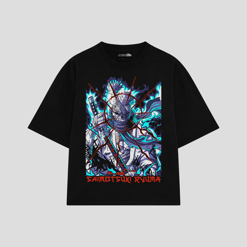 Playera streetwear premium de anime y gaming ExtraLife MX, corte boxy oversized drop shoulder heavyweight en color Deep Black y Off-White, moda urbana mexicana de culto.