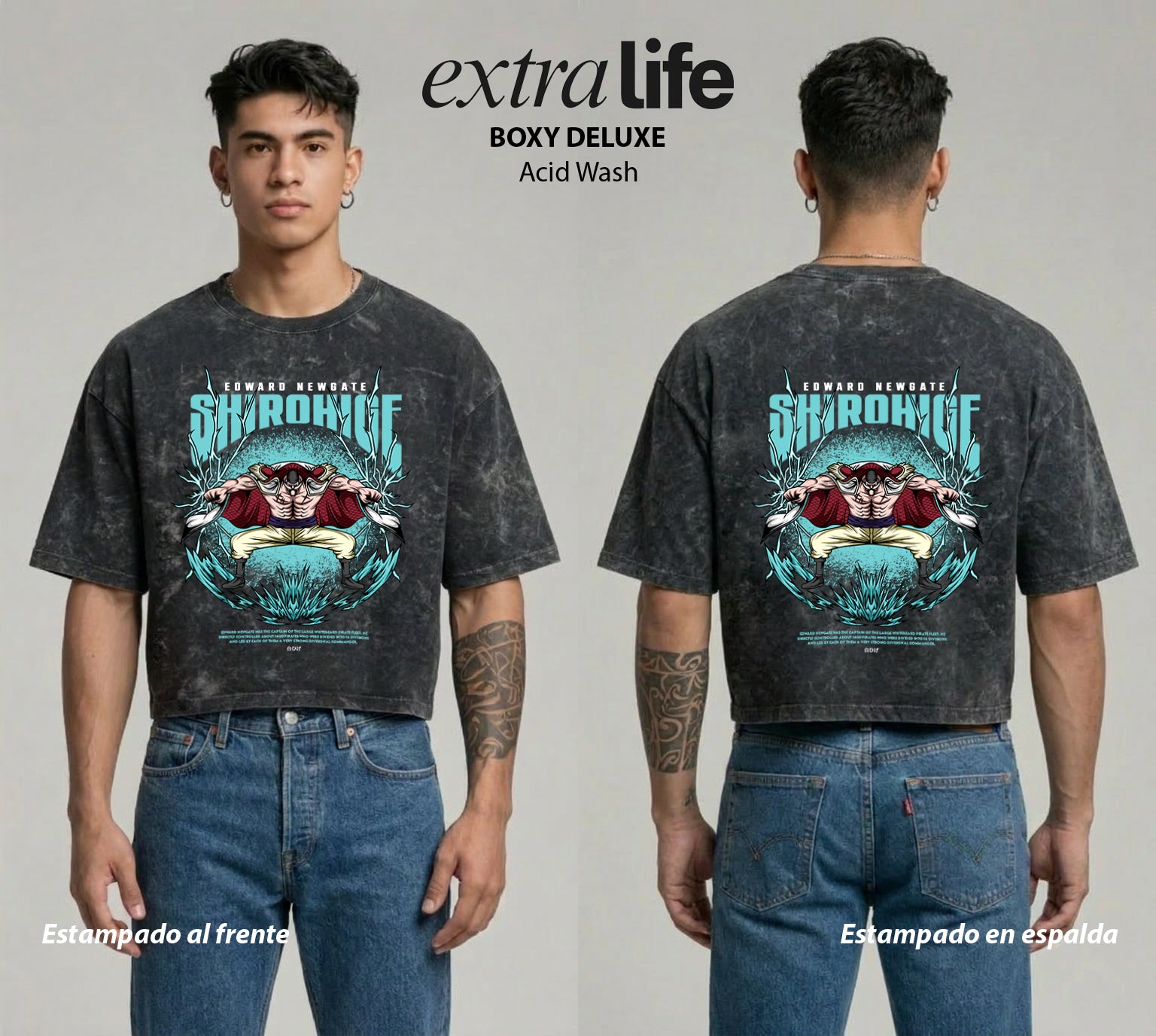 Playera streetwear premium de anime y gaming ExtraLife MX, corte boxy deluxe mineral wash heavyweight en color Acid Wash, moda urbana mexicana de culto.