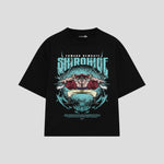 Playera streetwear premium de anime y gaming ExtraLife MX, corte boxy oversized drop shoulder heavyweight en color Deep Black y Off-White, moda urbana mexicana de culto.