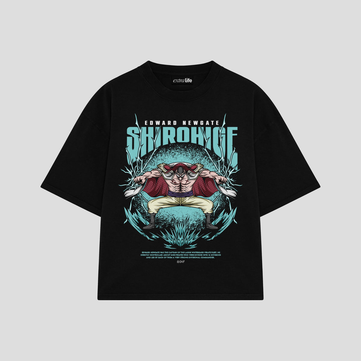 Playera streetwear premium de anime y gaming ExtraLife MX, corte oversized drop shoulder ligero y fresco en color Deep Black y Off-White, moda urbana mexicana de culto.