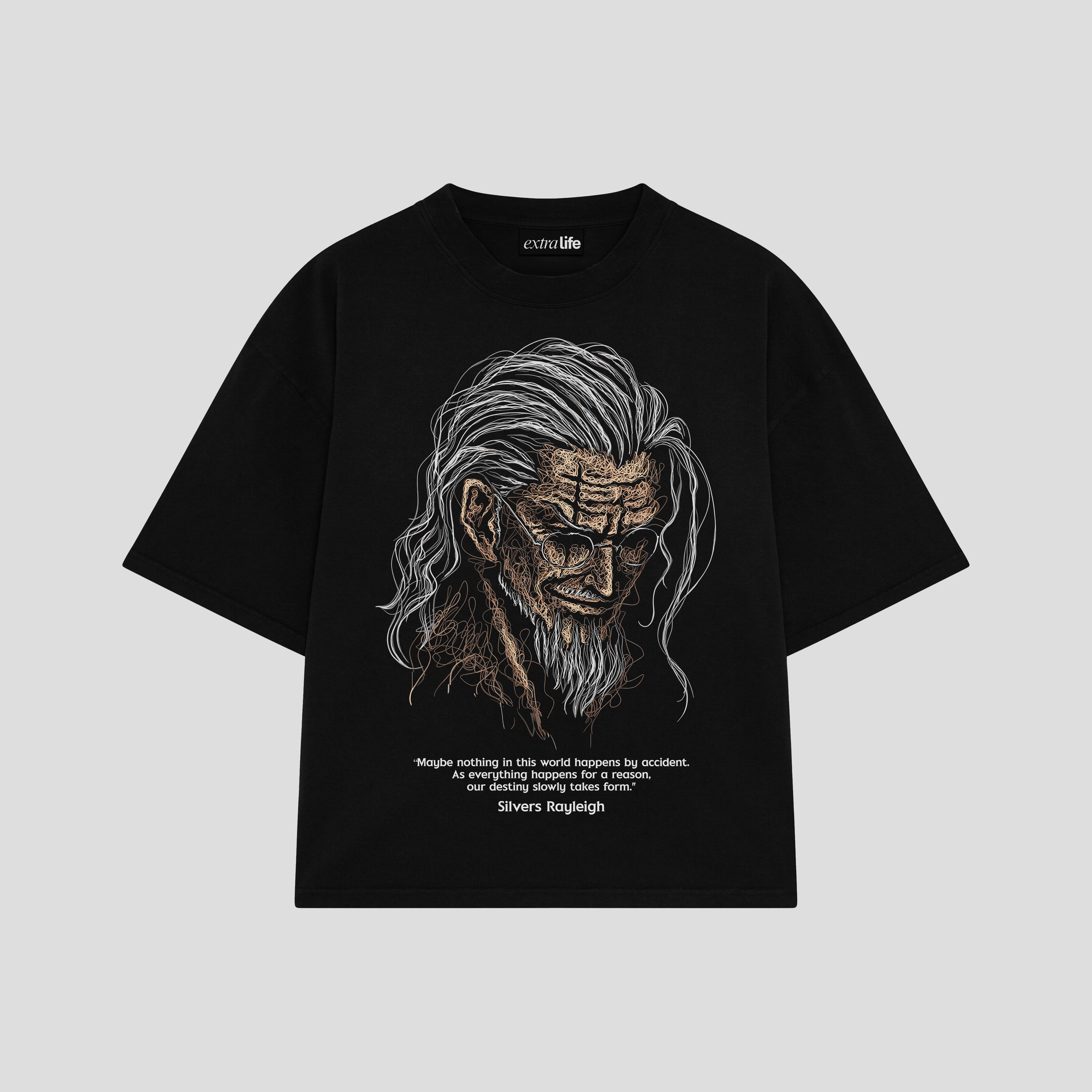 Playera streetwear premium de anime y gaming ExtraLife MX, corte boxy oversized drop shoulder heavyweight en color Deep Black y Off-White, moda urbana mexicana de culto.