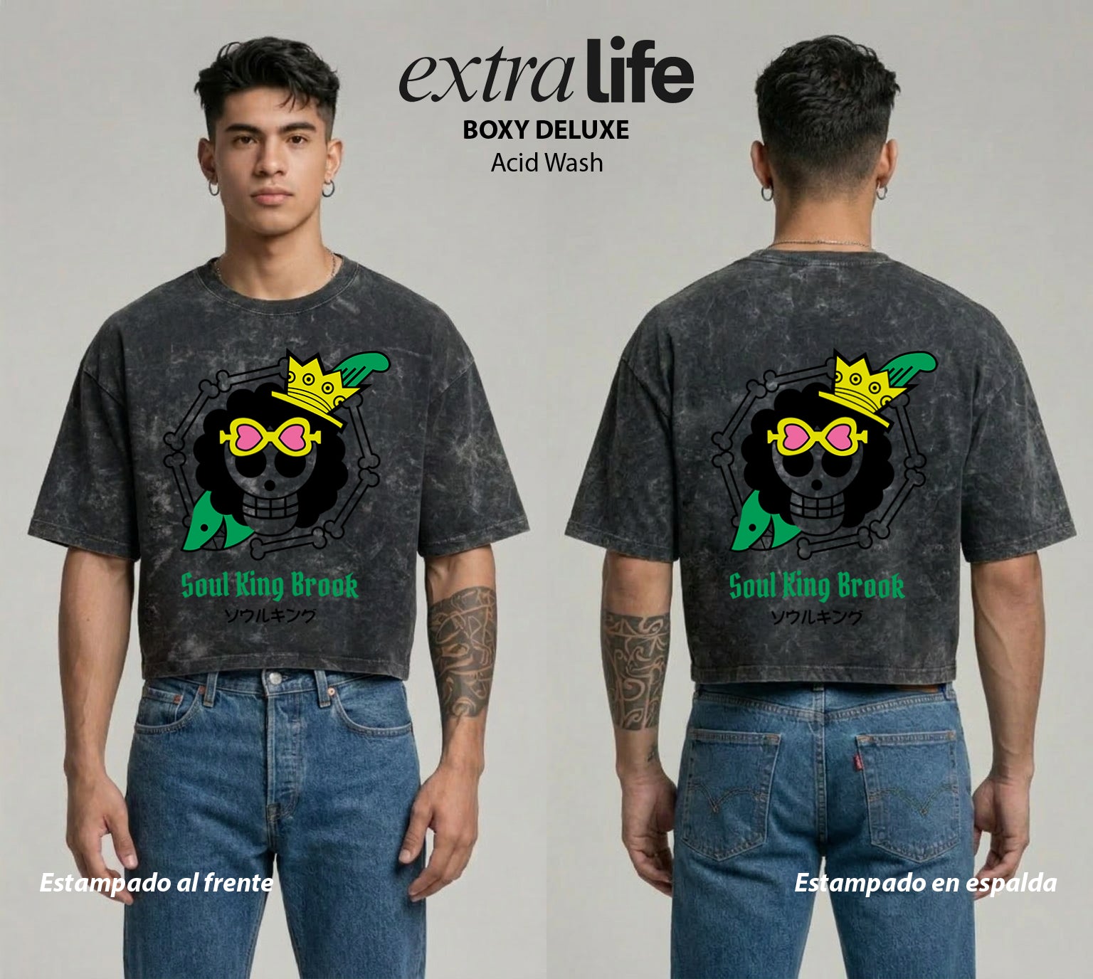 Playera streetwear premium de anime y gaming ExtraLife MX, corte boxy deluxe mineral wash heavyweight en color Acid Wash, moda urbana mexicana de culto.