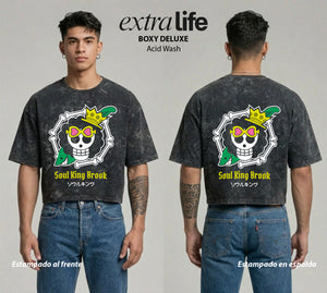 Playera streetwear premium de anime y gaming ExtraLife MX, corte boxy deluxe mineral wash heavyweight en color Acid Wash, moda urbana mexicana de culto.