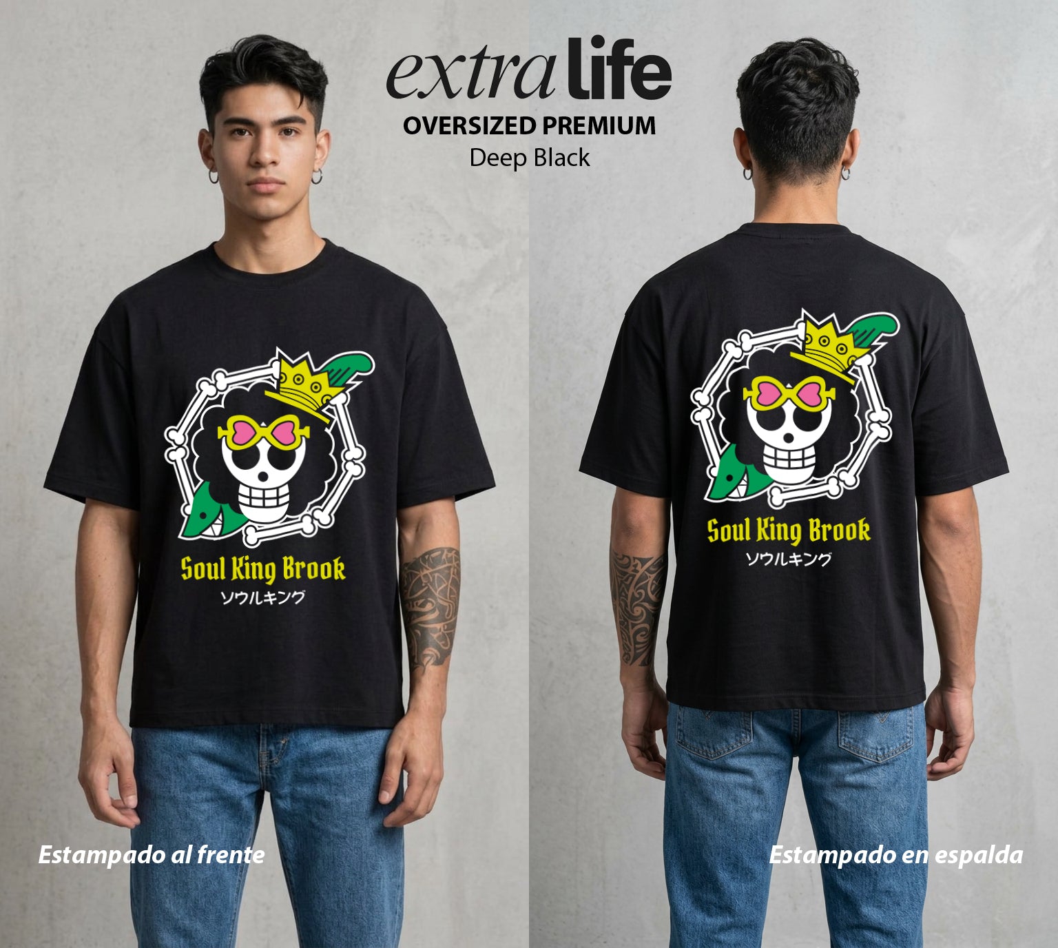 Mar de los Piratas | Alma y Guitarra con Bandera #03327 - Playera Oversized Premium | Deep Black - Foto en modelo