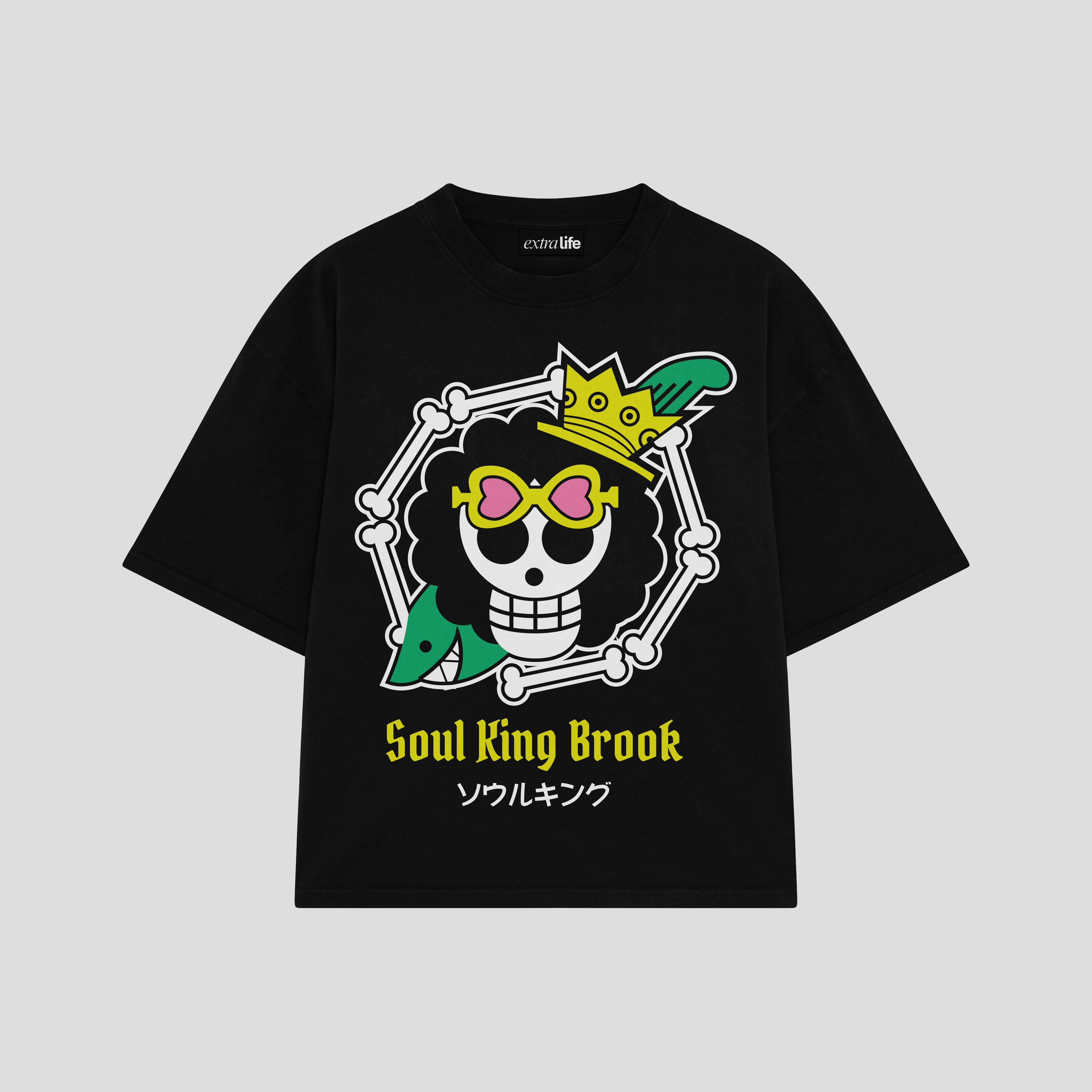 Playera streetwear premium de anime y gaming ExtraLife MX, corte boxy oversized drop shoulder heavyweight en color Deep Black y Off-White, moda urbana mexicana de culto.