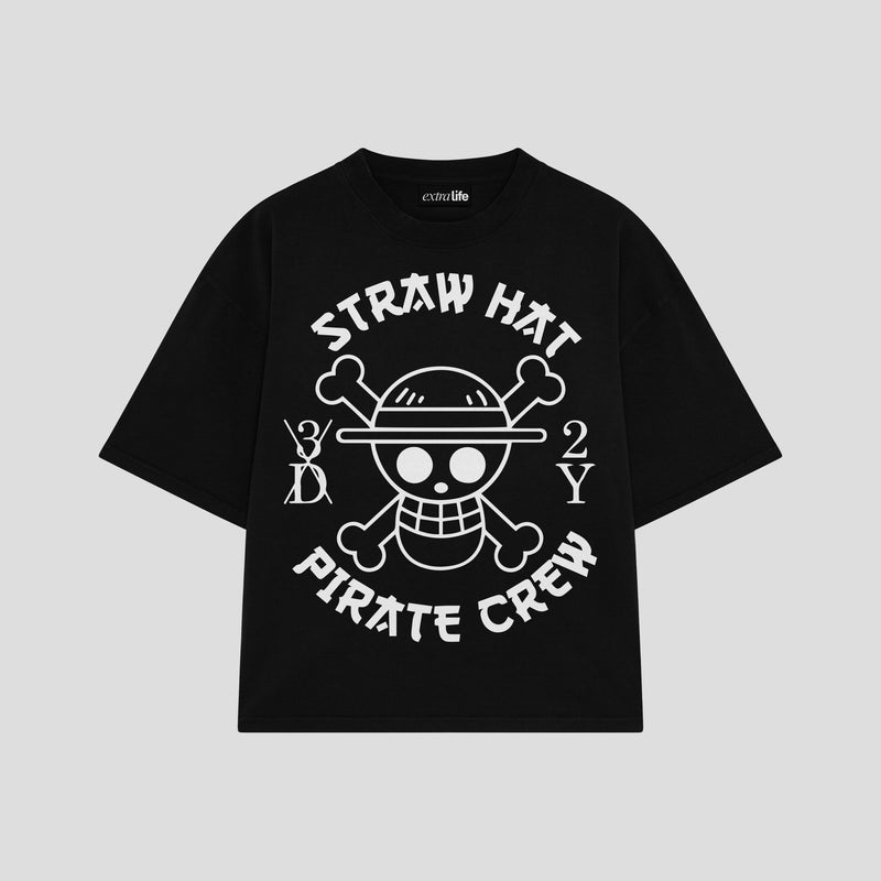Playera streetwear premium de anime y gaming ExtraLife MX, corte boxy oversized drop shoulder heavyweight en color Deep Black y Off-White, moda urbana mexicana de culto.