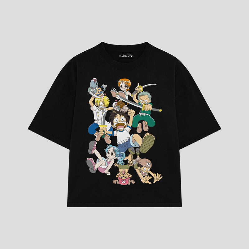 Playera streetwear premium de anime y gaming ExtraLife MX, corte boxy oversized drop shoulder heavyweight en color Deep Black y Off-White, moda urbana mexicana de culto.