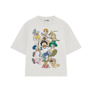 Playera streetwear premium de anime y gaming ExtraLife MX, corte boxy oversized drop shoulder heavyweight en color Deep Black y Off-White, moda urbana mexicana de culto.