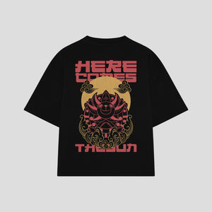Playera streetwear premium de anime y gaming ExtraLife MX, corte boxy oversized drop shoulder heavyweight en color Deep Black y Off-White, moda urbana mexicana de culto.