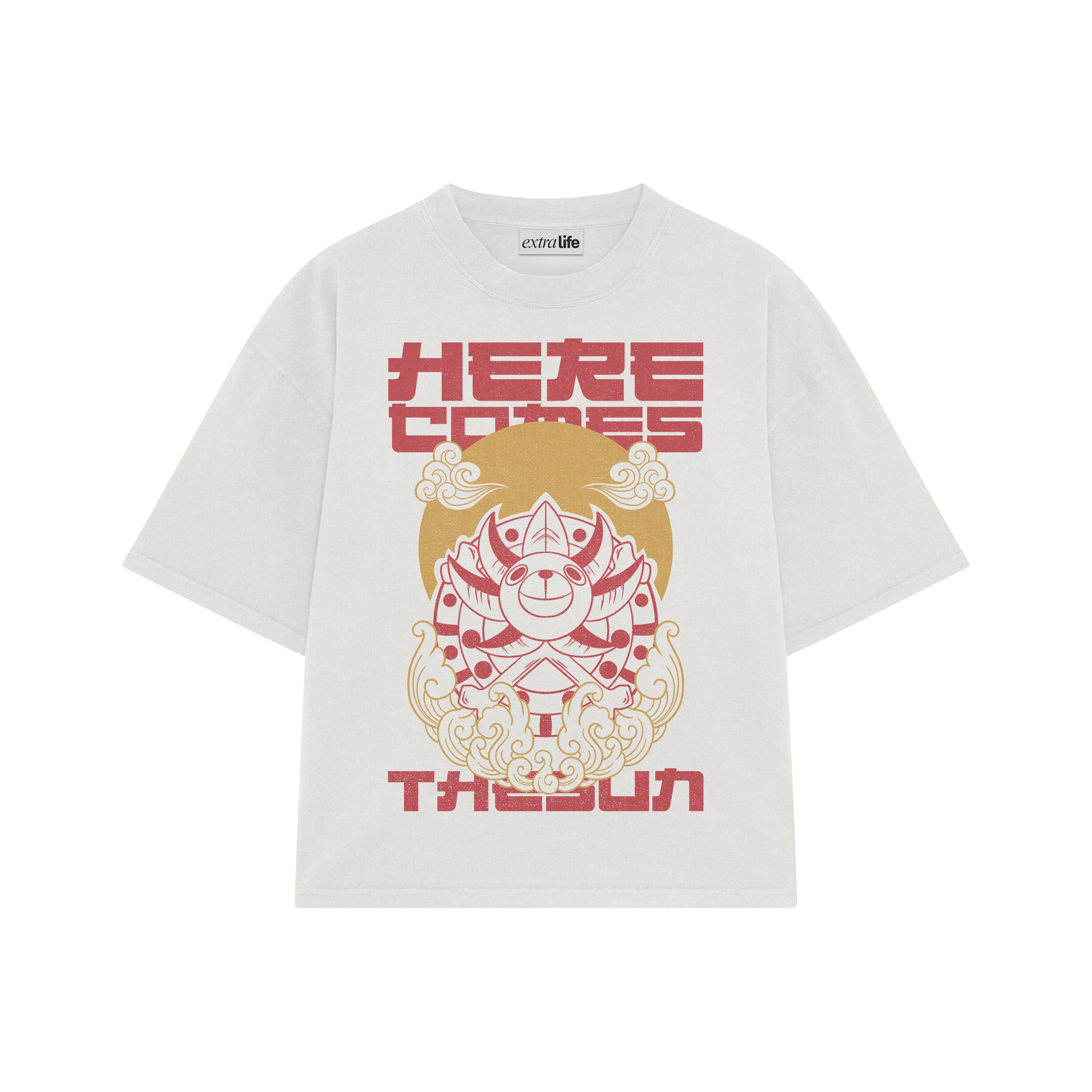 Playera streetwear premium de anime y gaming ExtraLife MX, corte boxy oversized drop shoulder heavyweight en color Deep Black y Off-White, moda urbana mexicana de culto.