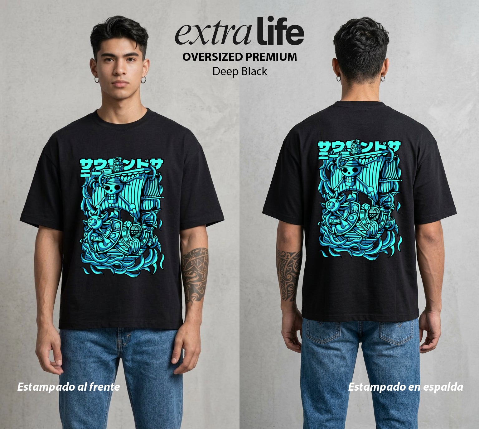 Mar de los Piratas | El Navio Solar #03334 - Playera Oversized Premium | Deep Black - Foto en modelo
