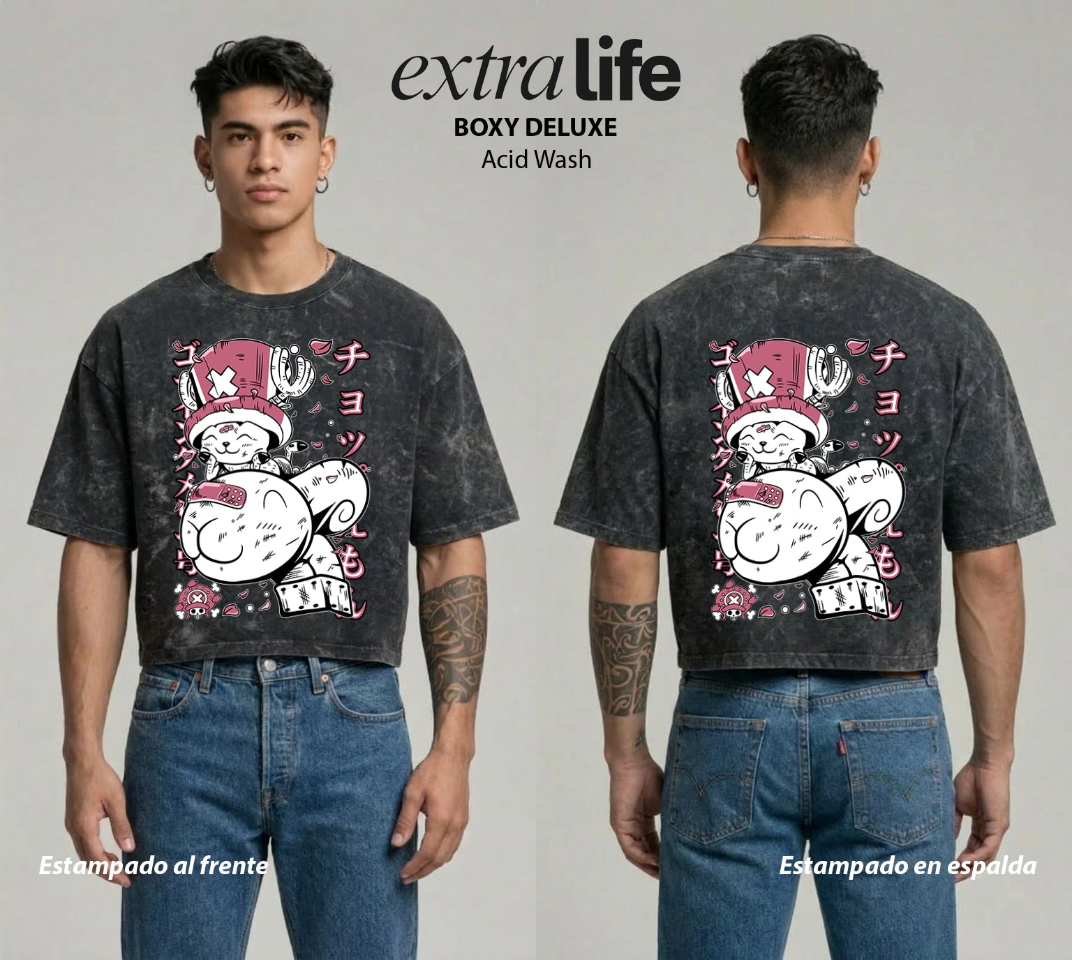 Playera streetwear premium de anime y gaming ExtraLife MX, corte boxy deluxe mineral wash heavyweight en color Acid Wash, moda urbana mexicana de culto.