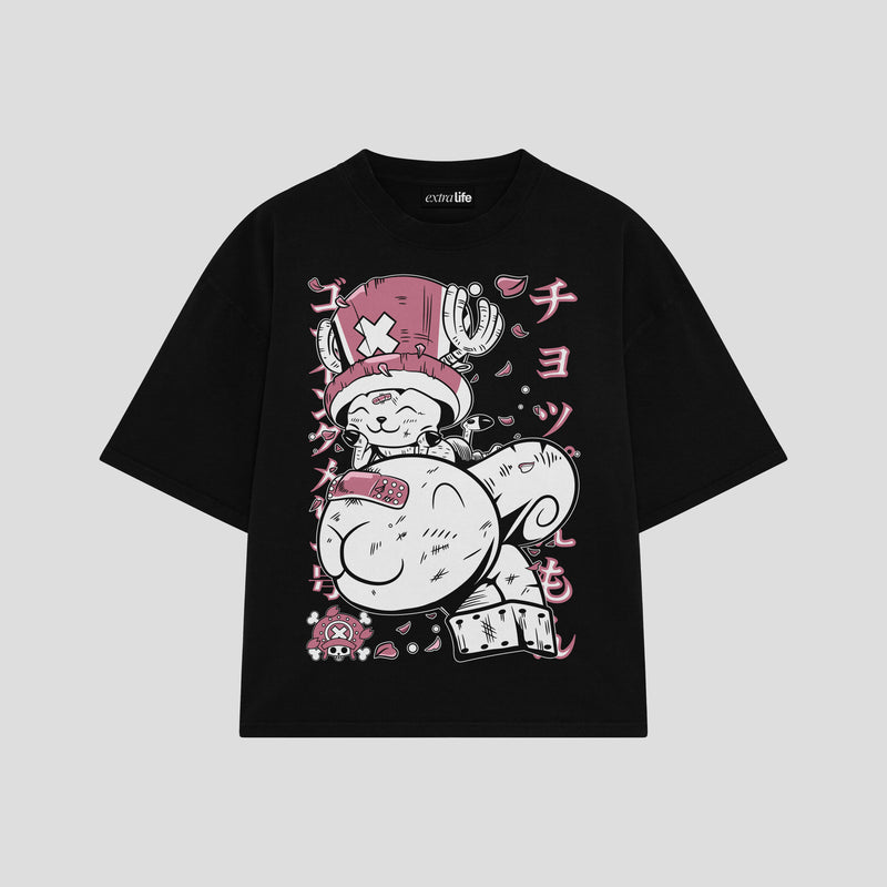 Playera streetwear premium de anime y gaming ExtraLife MX, corte boxy oversized drop shoulder heavyweight en color Deep Black y Off-White, moda urbana mexicana de culto.