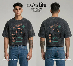 Playera streetwear premium de anime y gaming ExtraLife MX, corte boxy deluxe mineral wash heavyweight en color Acid Wash, moda urbana mexicana de culto.
