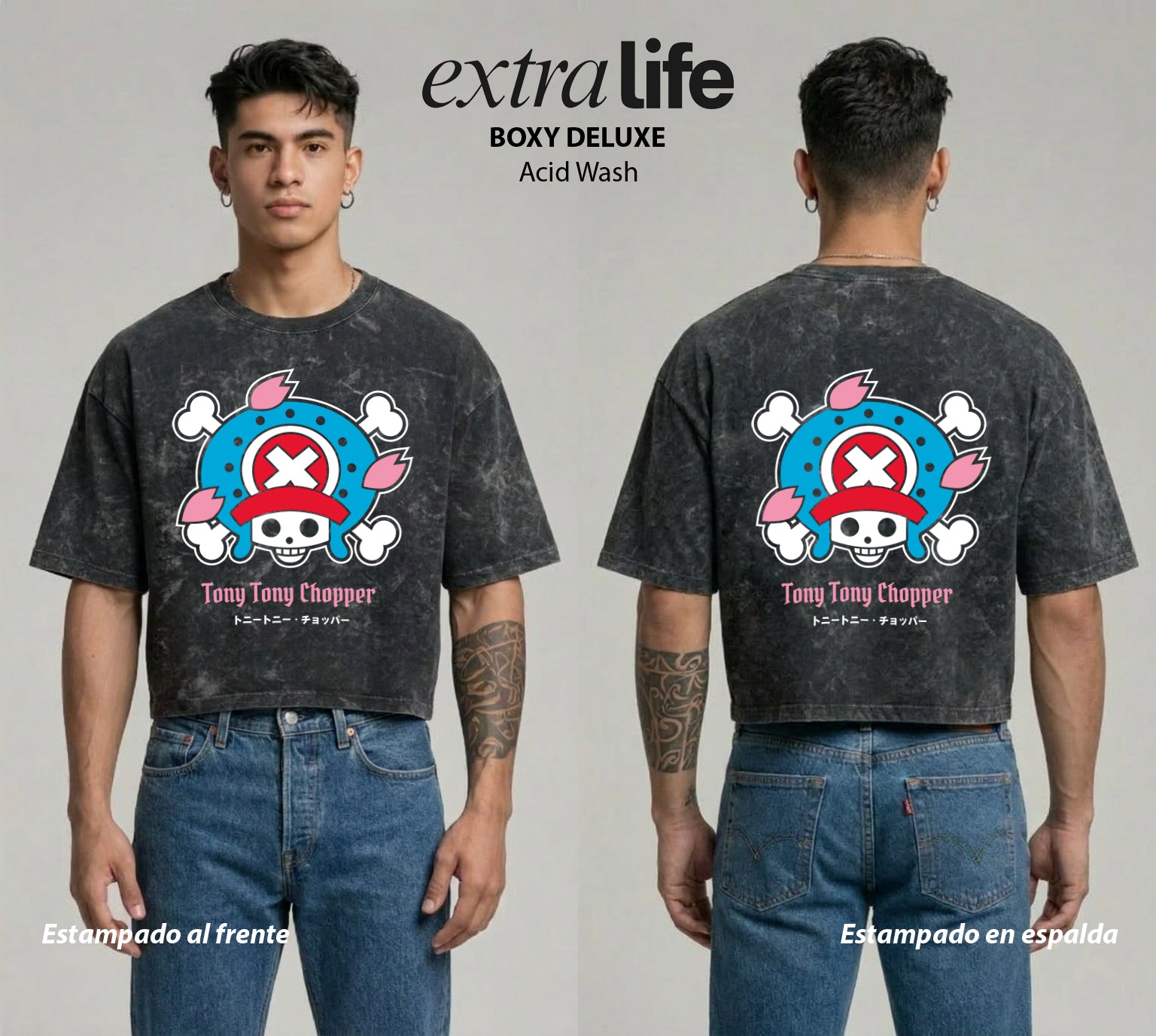 Playera streetwear premium de anime y gaming ExtraLife MX, corte boxy deluxe mineral wash heavyweight en color Acid Wash, moda urbana mexicana de culto.