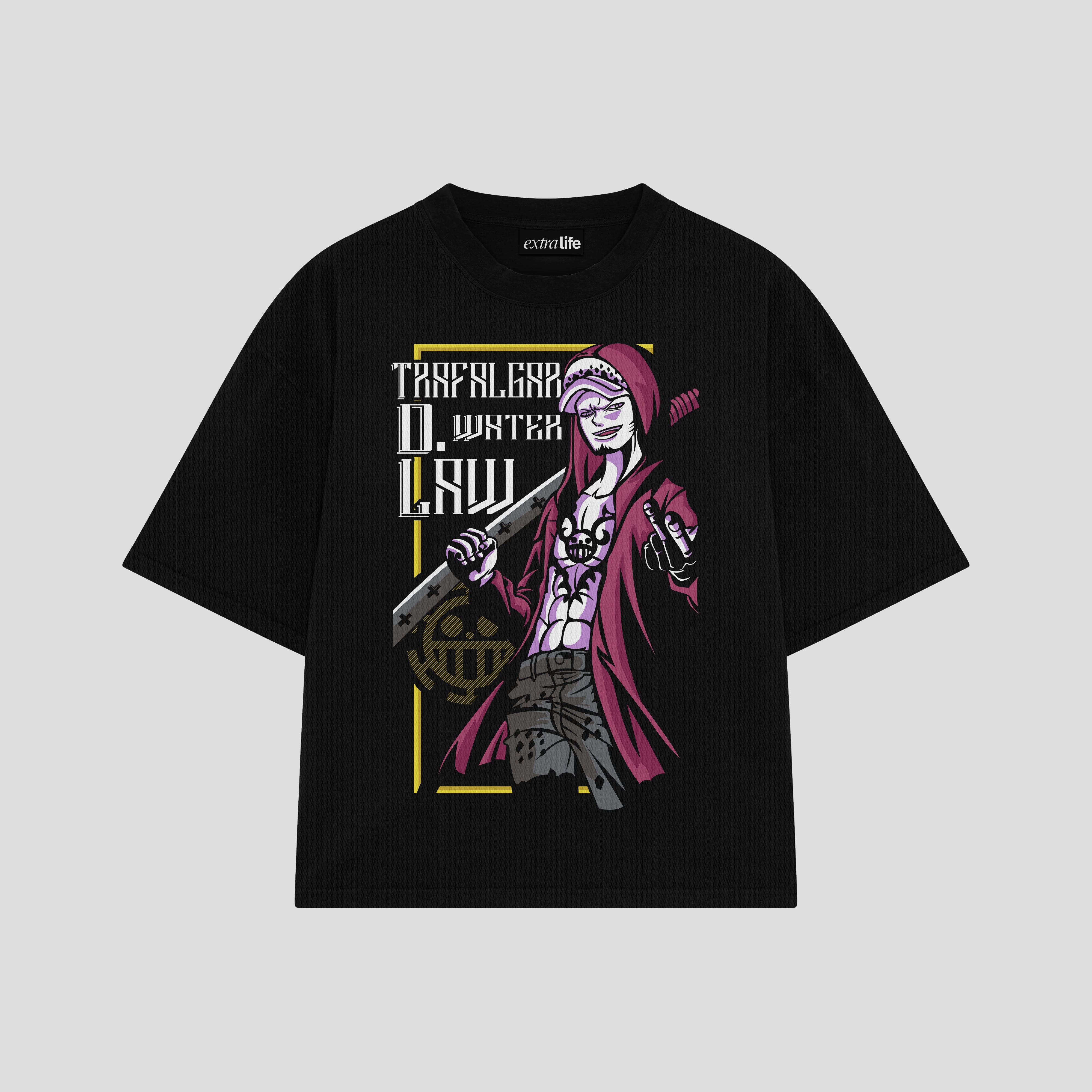 Playera streetwear premium de anime y gaming ExtraLife MX, corte boxy oversized drop shoulder heavyweight en color Deep Black y Off-White, moda urbana mexicana de culto.