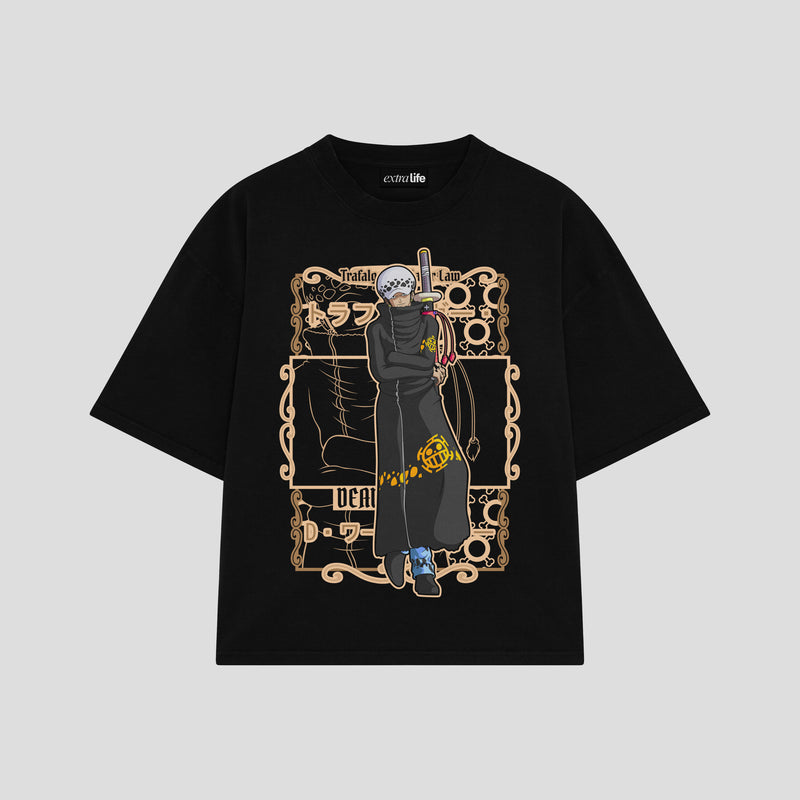 Playera streetwear premium de anime y gaming ExtraLife MX, corte boxy oversized drop shoulder heavyweight en color Deep Black y Off-White, moda urbana mexicana de culto.