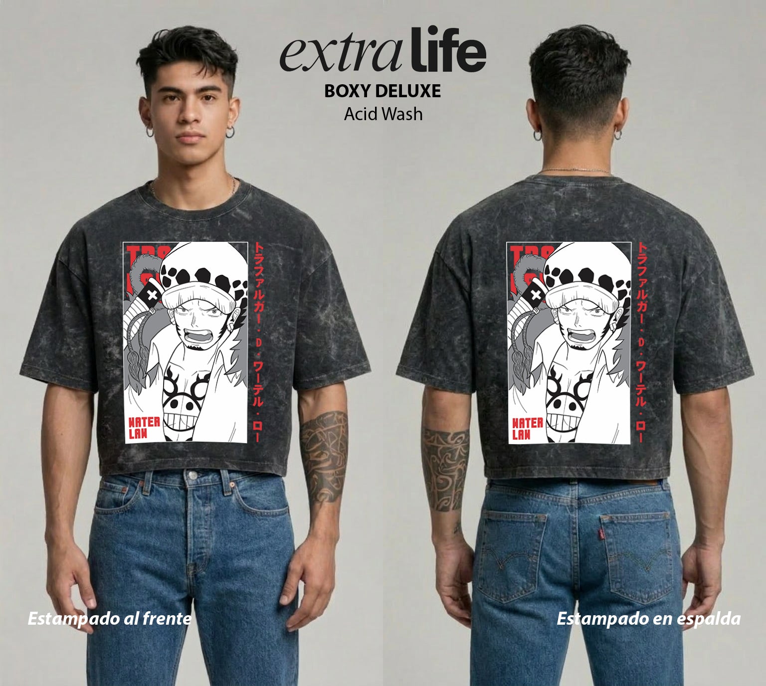 Playera streetwear premium de anime y gaming ExtraLife MX, corte boxy deluxe mineral wash heavyweight en color Acid Wash, moda urbana mexicana de culto.
