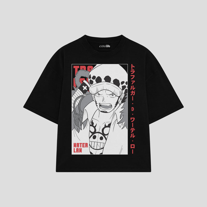 Playera streetwear premium de anime y gaming ExtraLife MX, corte boxy oversized drop shoulder heavyweight en color Deep Black y Off-White, moda urbana mexicana de culto.