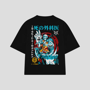 Playera streetwear premium de anime y gaming ExtraLife MX, corte boxy oversized drop shoulder heavyweight en color Deep Black y Off-White, moda urbana mexicana de culto.
