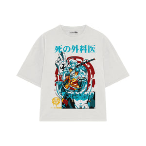 Playera streetwear premium de anime y gaming ExtraLife MX, corte boxy oversized drop shoulder heavyweight en color Deep Black y Off-White, moda urbana mexicana de culto.