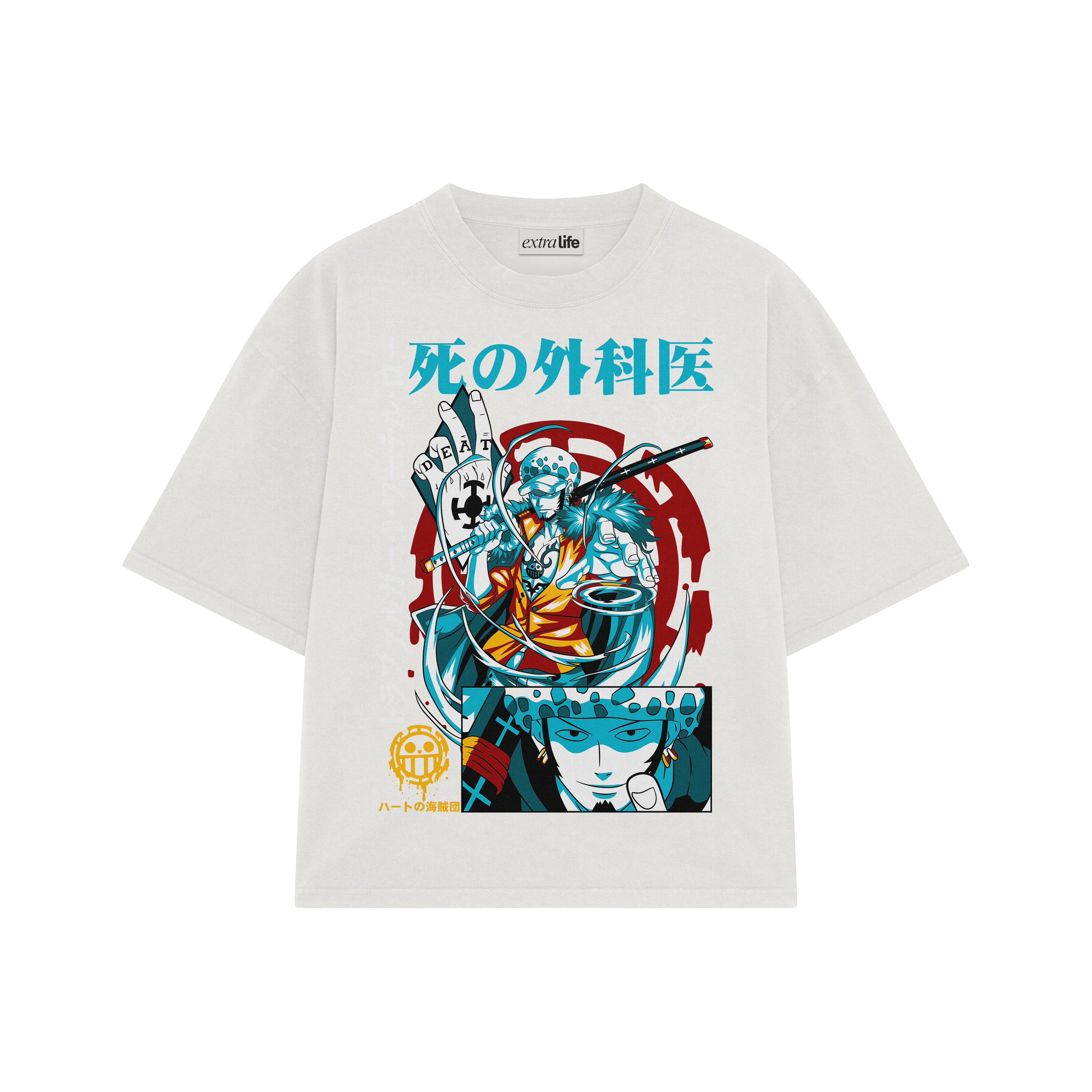 Playera streetwear premium de anime y gaming ExtraLife MX, corte boxy oversized drop shoulder heavyweight en color Deep Black y Off-White, moda urbana mexicana de culto.