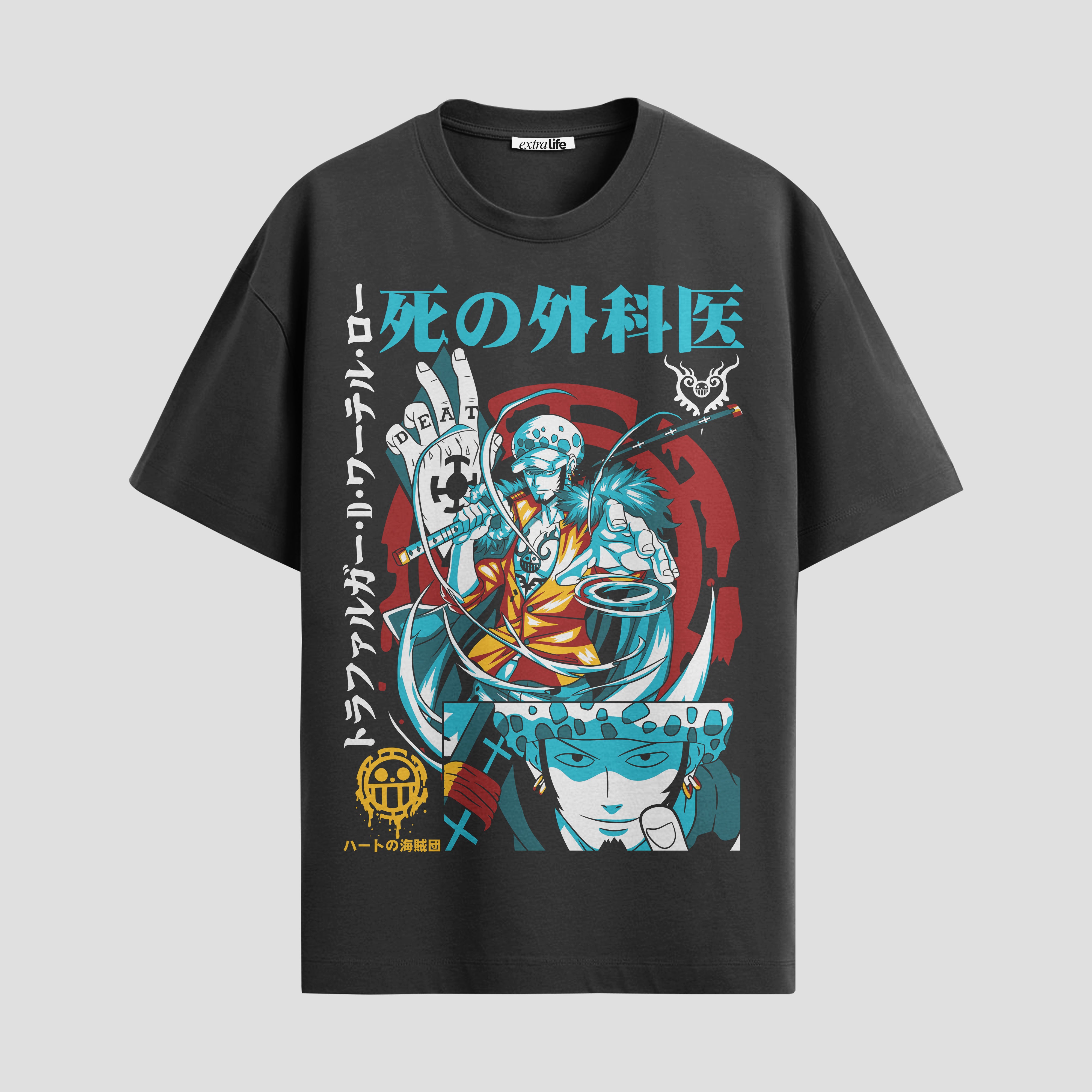 Playera urbana de anime y gaming ExtraLife MX, corte Standard Fit unisex ligero y transpirable en color Deep Black y Pure White, ropa de uso diario para gym y casual.