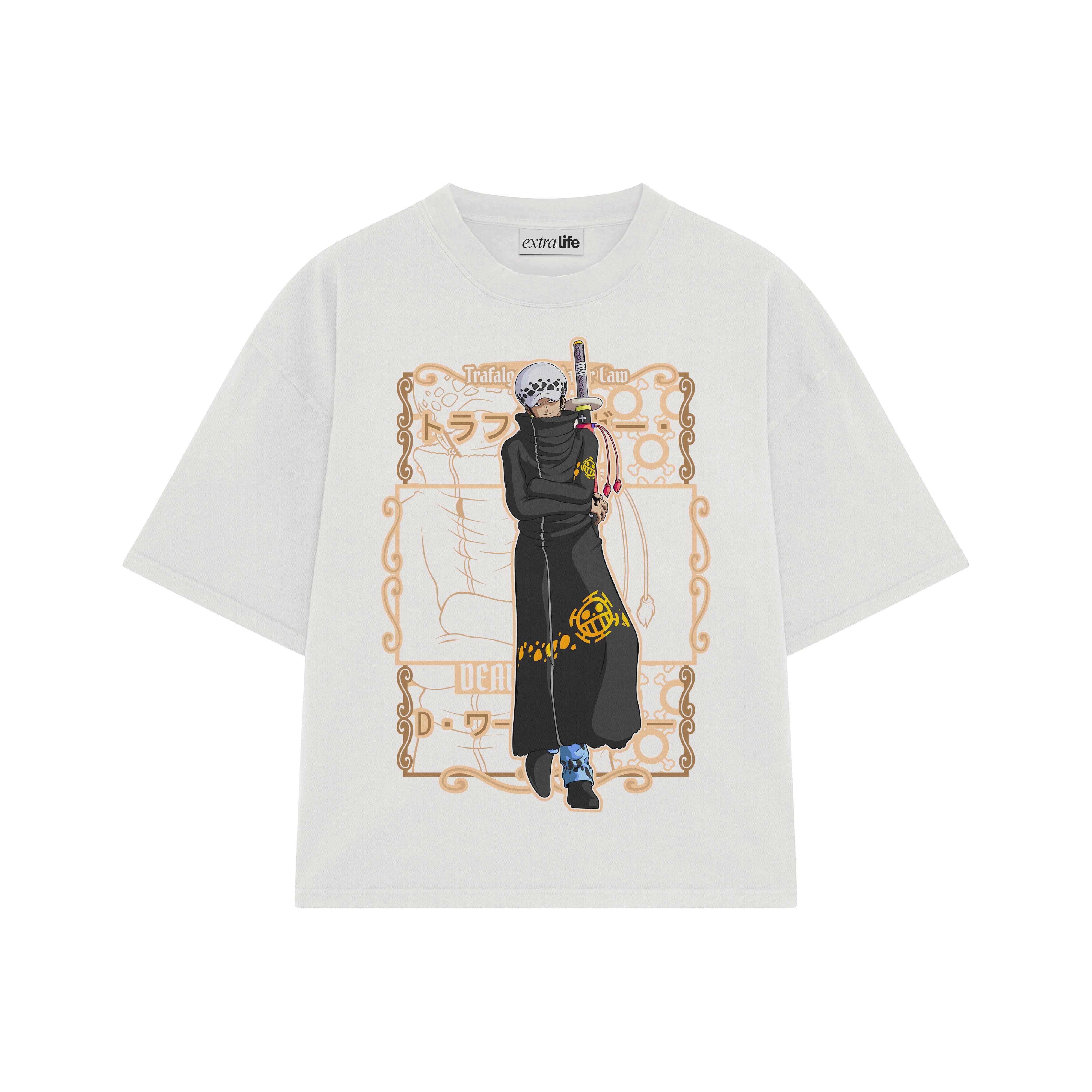 Playera streetwear premium de anime y gaming ExtraLife MX, corte boxy oversized drop shoulder heavyweight en color Deep Black y Off-White, moda urbana mexicana de culto.