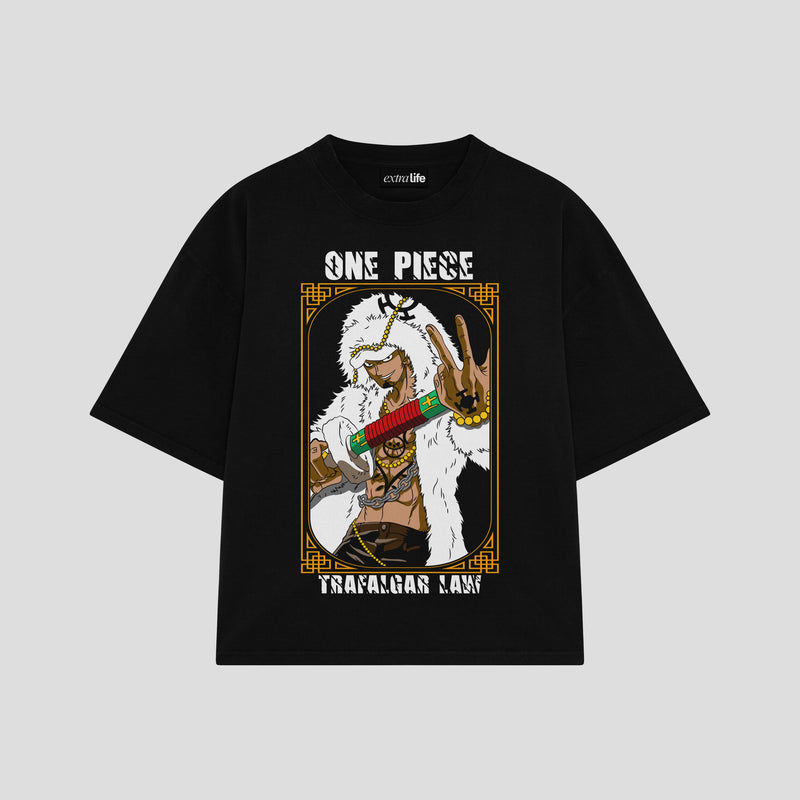 Playera streetwear premium de anime y gaming ExtraLife MX, corte boxy oversized drop shoulder heavyweight en color Deep Black y Off-White, moda urbana mexicana de culto.