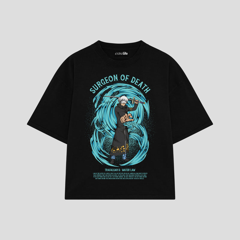 Playera streetwear premium de anime y gaming ExtraLife MX, corte boxy oversized drop shoulder heavyweight en color Deep Black y Off-White, moda urbana mexicana de culto.