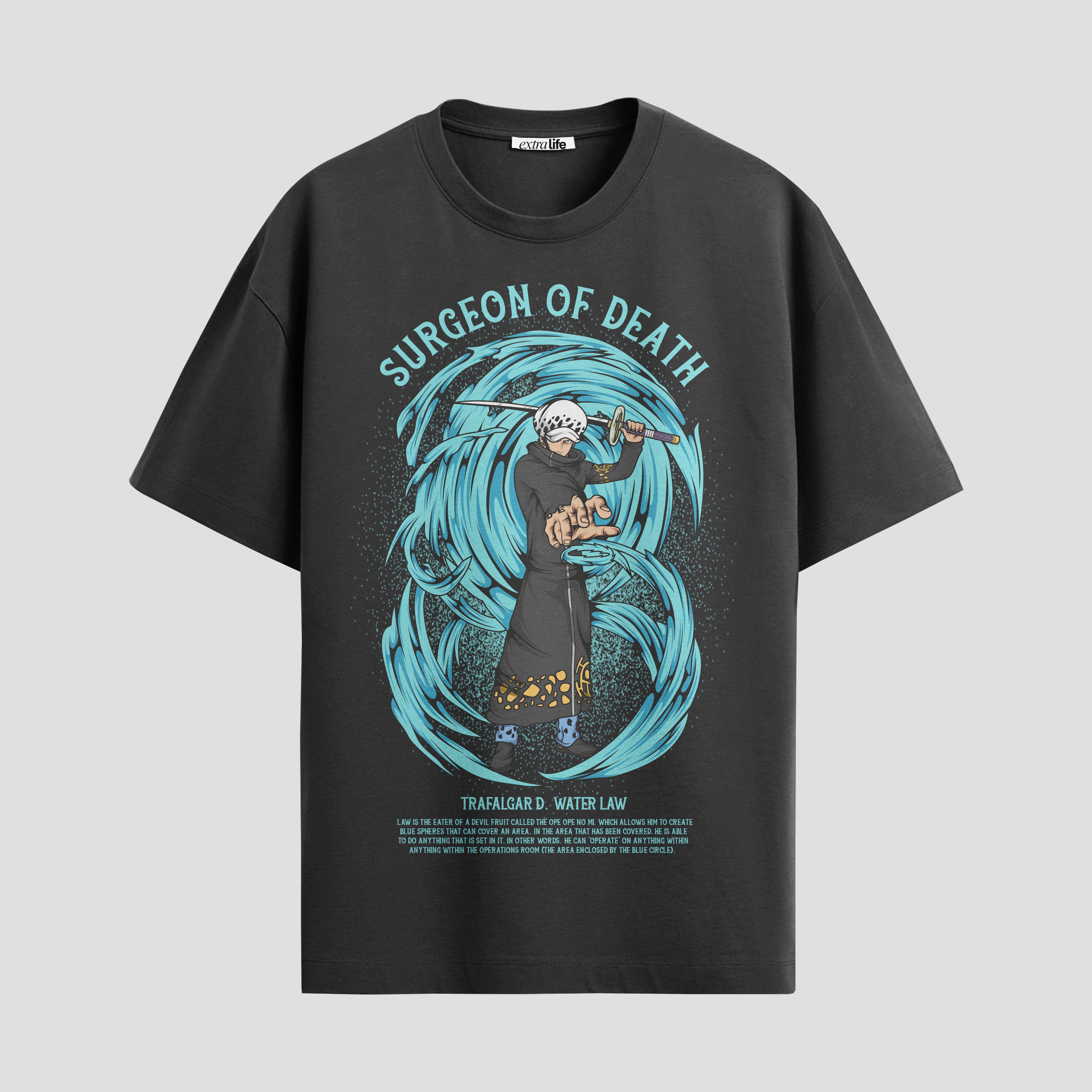 Playera urbana de anime y gaming ExtraLife MX, corte Standard Fit unisex ligero y transpirable en color Deep Black y Pure White, ropa de uso diario para gym y casual.