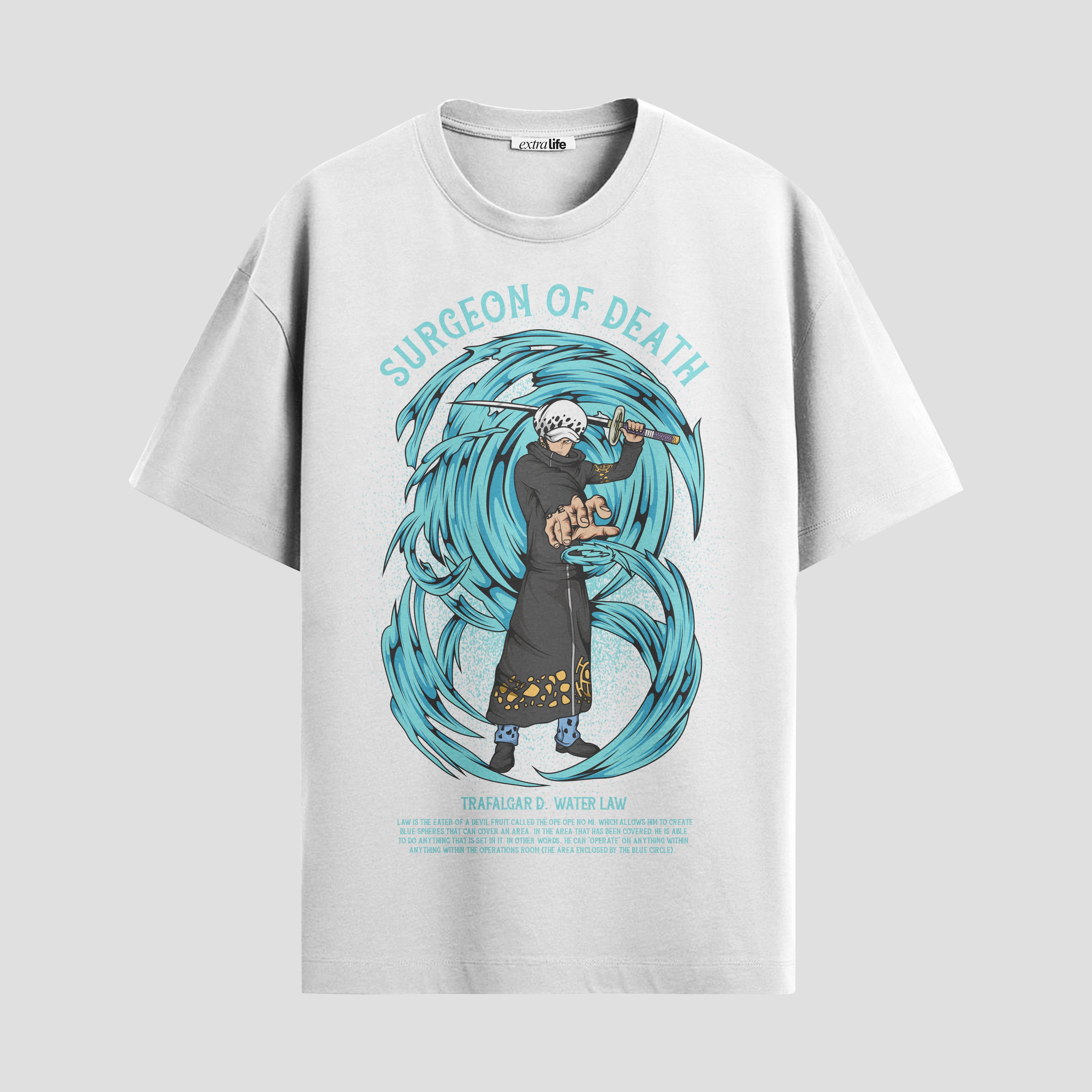 Playera urbana de anime y gaming ExtraLife MX, corte Standard Fit unisex ligero y transpirable en color Deep Black y Pure White, ropa de uso diario para gym y casual.