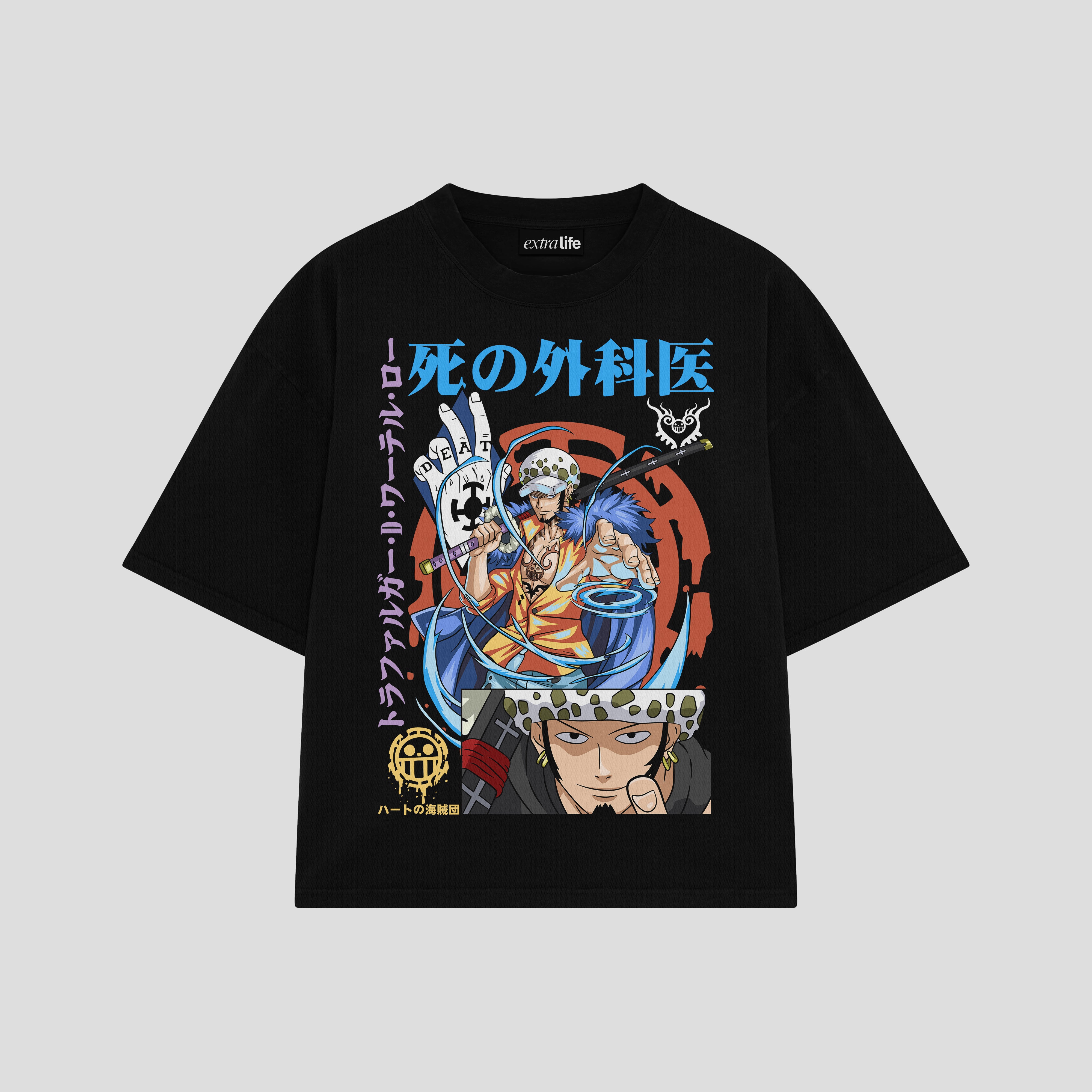 Playera streetwear premium de anime y gaming ExtraLife MX, corte boxy oversized drop shoulder heavyweight en color Deep Black y Off-White, moda urbana mexicana de culto.