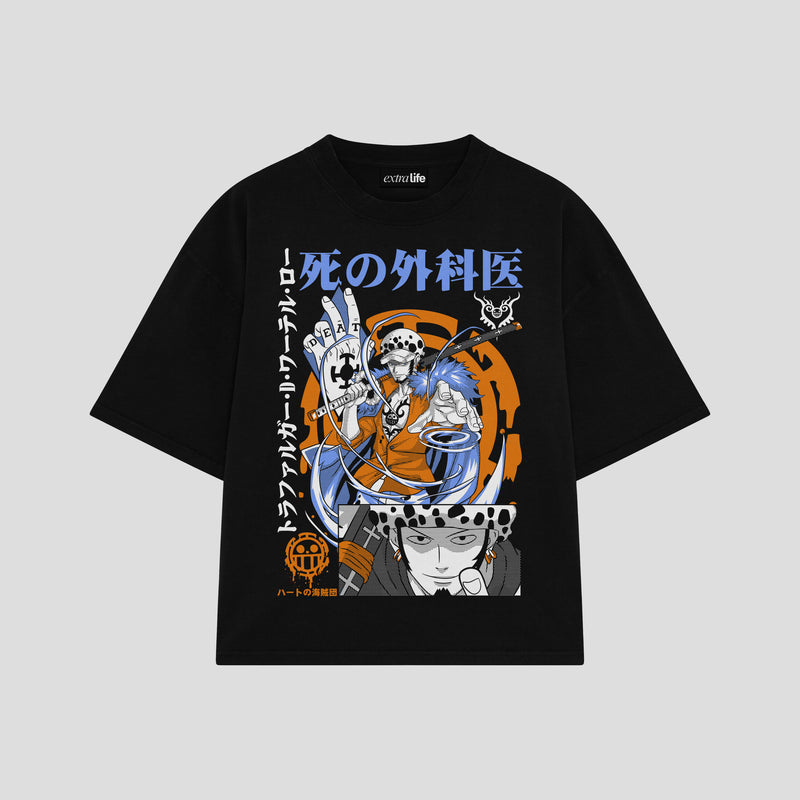Playera streetwear premium de anime y gaming ExtraLife MX, corte boxy oversized drop shoulder heavyweight en color Deep Black y Off-White, moda urbana mexicana de culto.