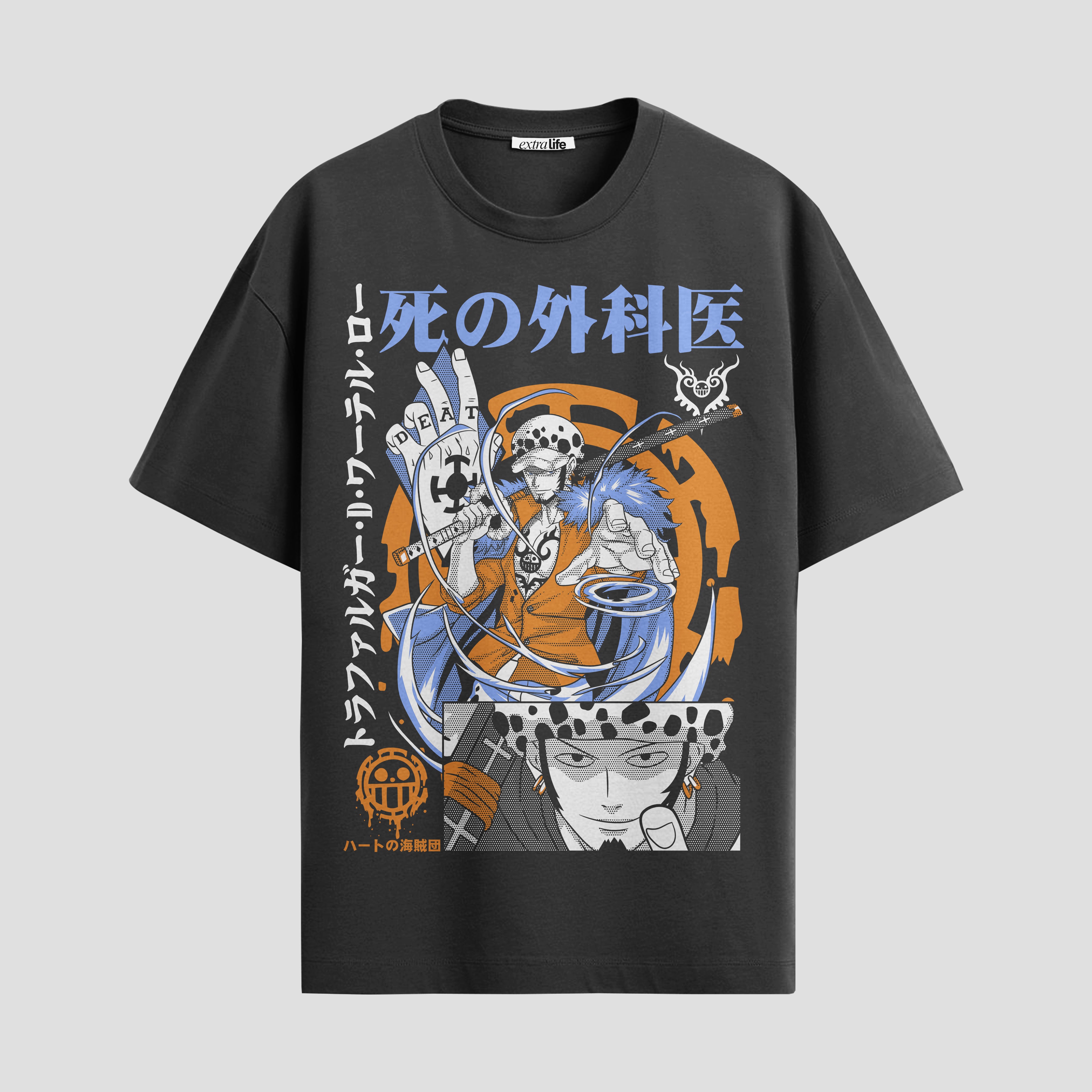 Playera urbana de anime y gaming ExtraLife MX, corte Standard Fit unisex ligero y transpirable en color Deep Black y Pure White, ropa de uso diario para gym y casual.