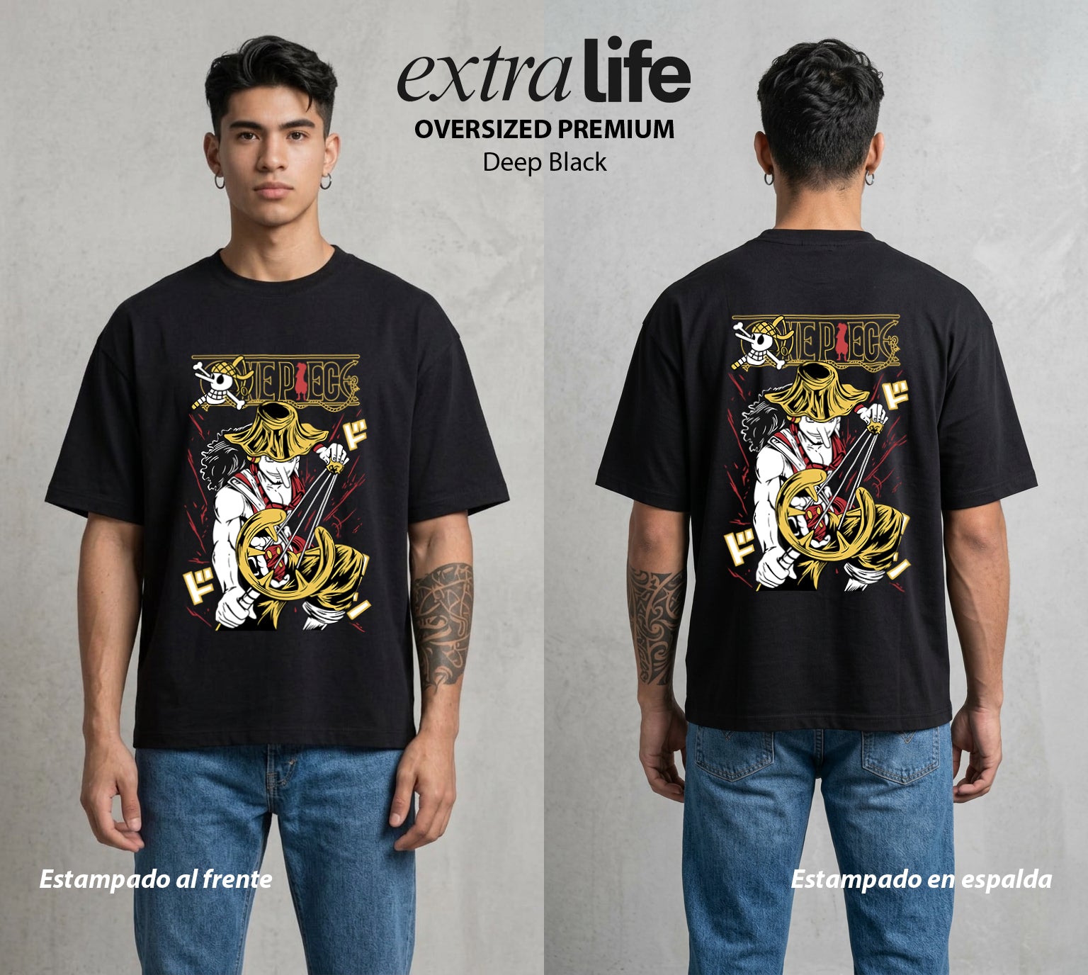 Mar de los Piratas | El Tirador Franco #03351 - Playera Oversized Premium | Deep Black - Foto en modelo