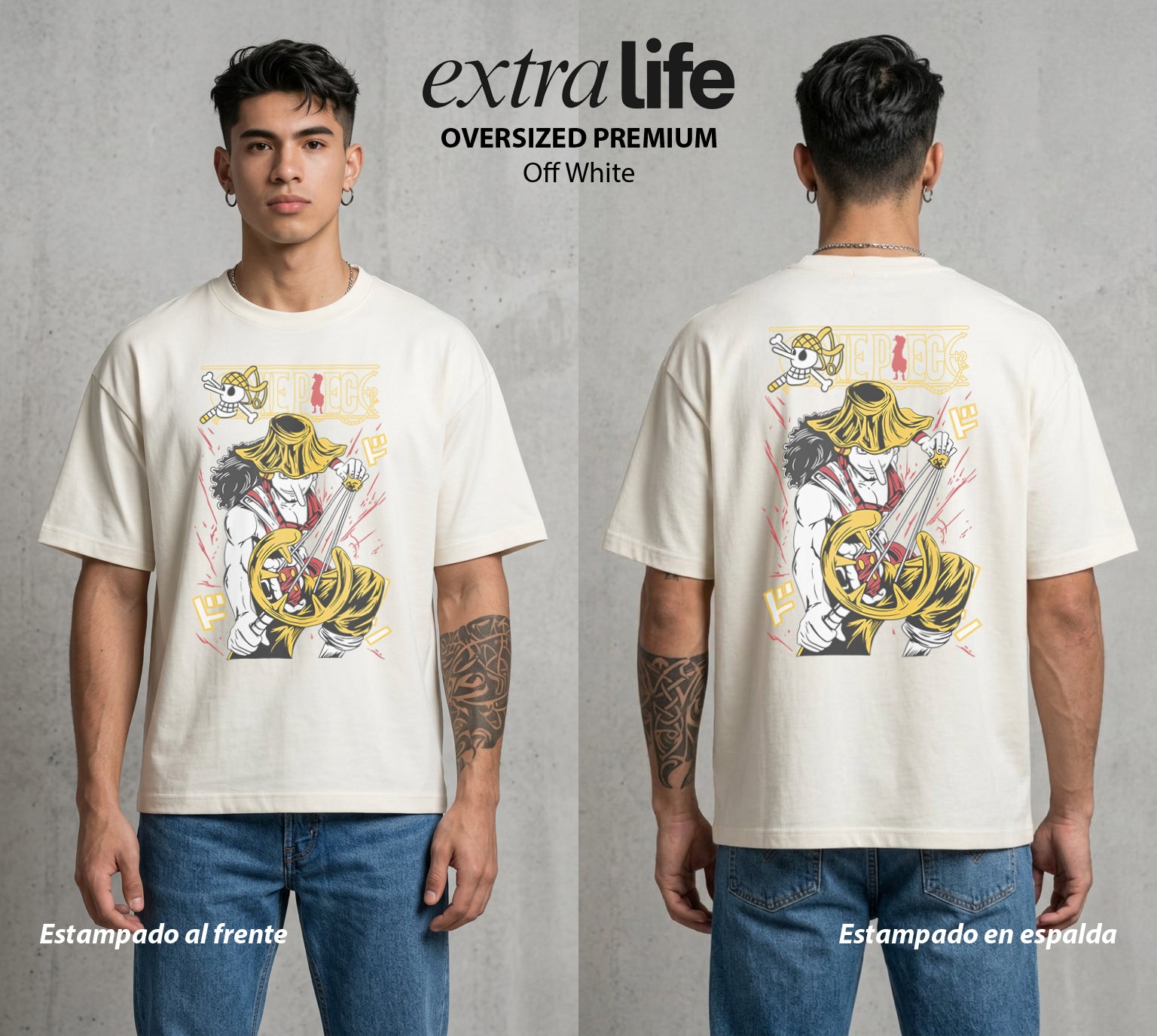 Mar de los Piratas | El Tirador Franco #03351 - Playera Oversized Premium | Off White - Foto en modelo