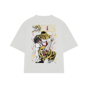 Playera streetwear premium de anime y gaming ExtraLife MX, corte boxy oversized drop shoulder heavyweight en color Deep Black y Off-White, moda urbana mexicana de culto.