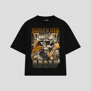 Playera streetwear premium de anime y gaming ExtraLife MX, corte boxy oversized drop shoulder heavyweight en color Deep Black y Off-White, moda urbana mexicana de culto.