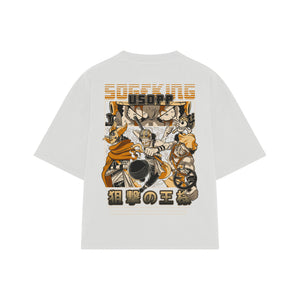 Playera streetwear premium de anime y gaming ExtraLife MX, corte boxy oversized drop shoulder heavyweight en color Deep Black y Off-White, moda urbana mexicana de culto.