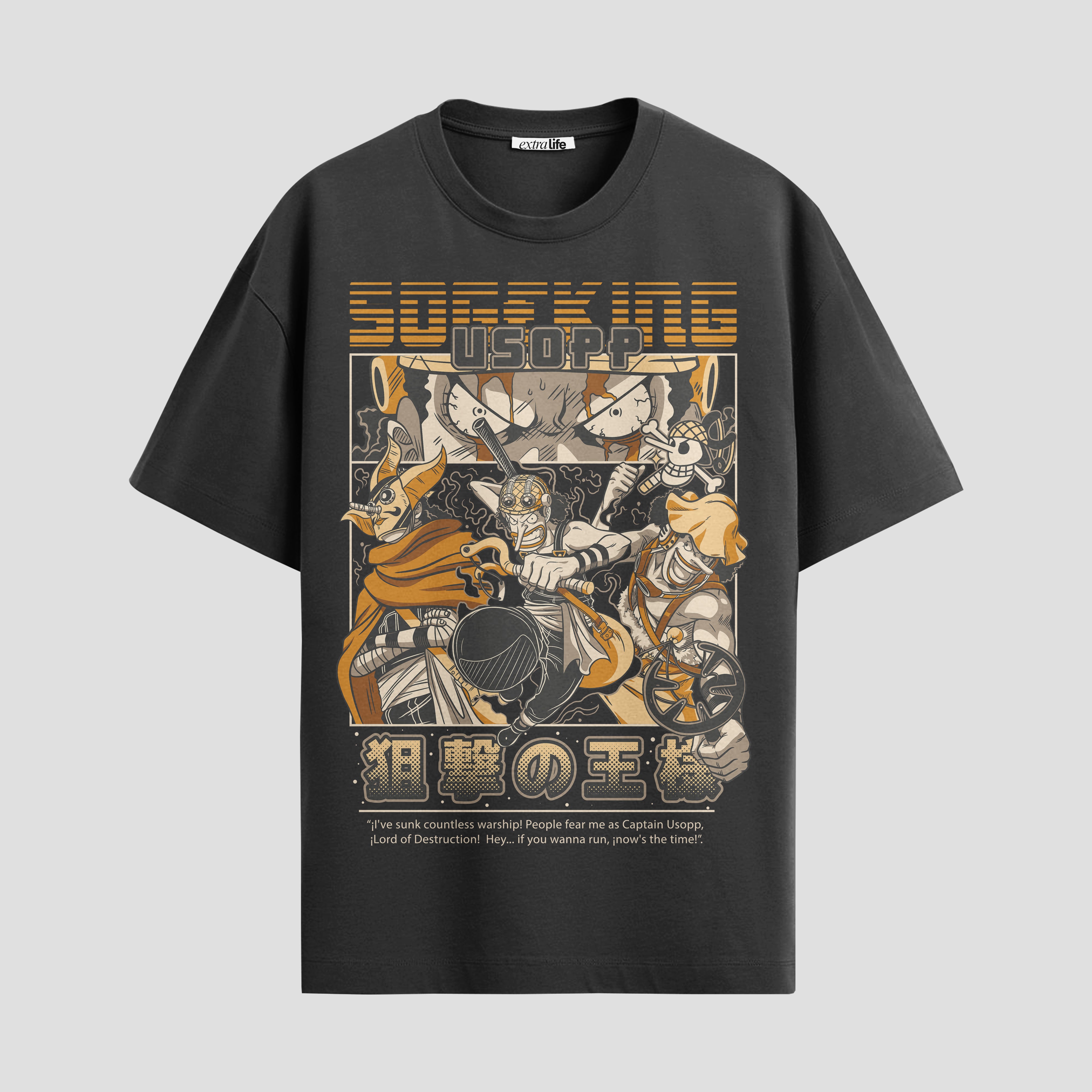 Playera urbana de anime y gaming ExtraLife MX, corte Standard Fit unisex ligero y transpirable en color Deep Black y Pure White, ropa de uso diario para gym y casual.