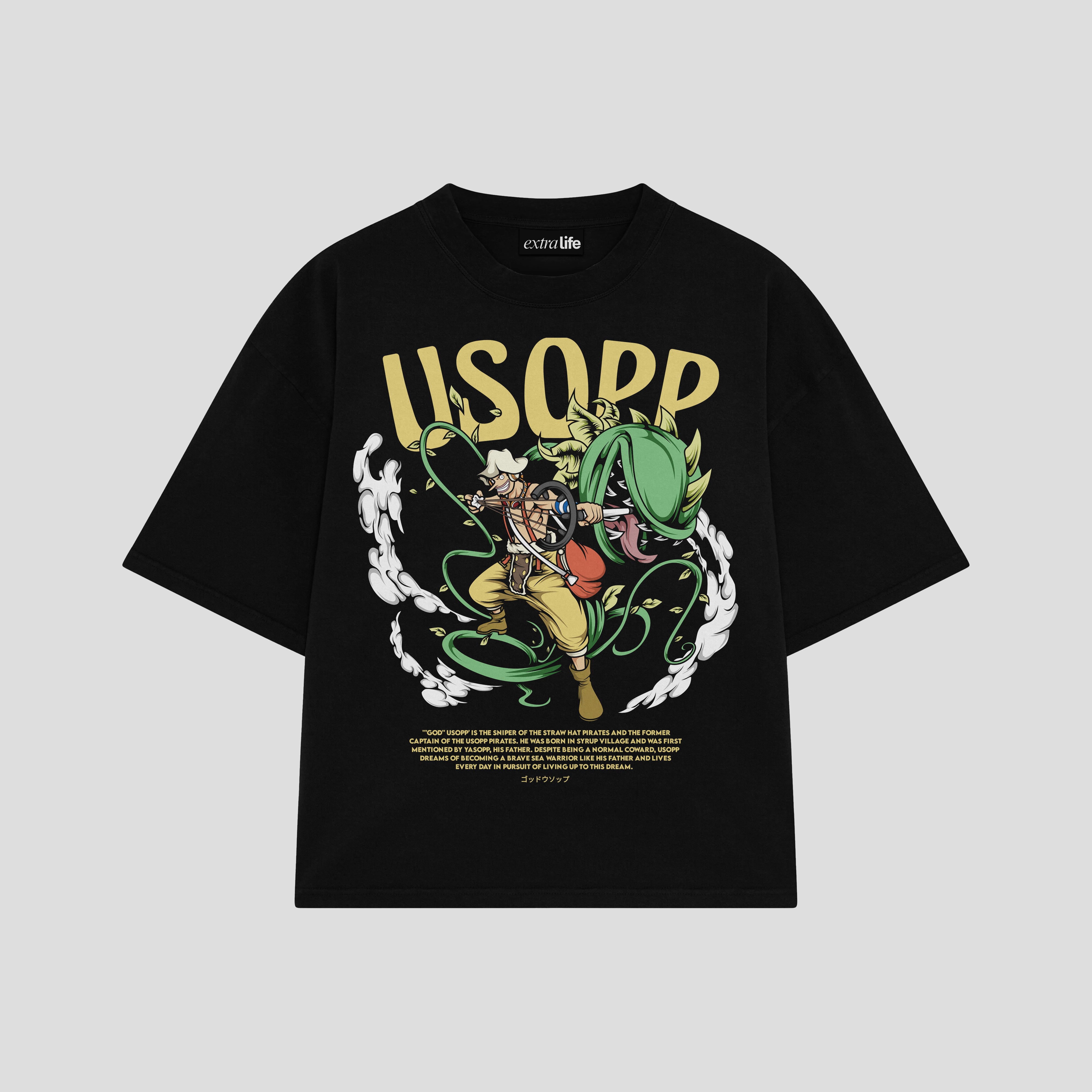 Playera streetwear premium de anime y gaming ExtraLife MX, corte boxy oversized drop shoulder heavyweight en color Deep Black y Off-White, moda urbana mexicana de culto.