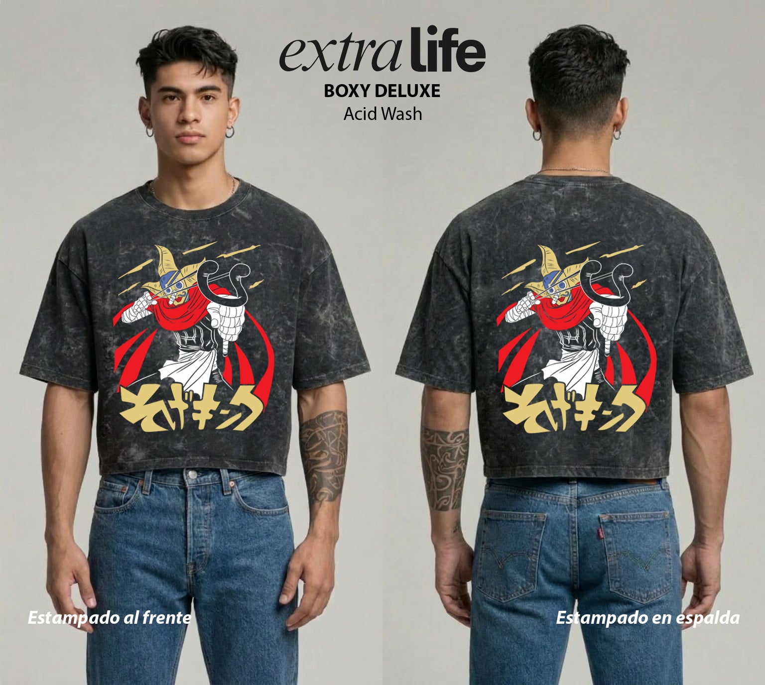 Playera streetwear premium de anime y gaming ExtraLife MX, corte boxy deluxe mineral wash heavyweight en color Acid Wash, moda urbana mexicana de culto.