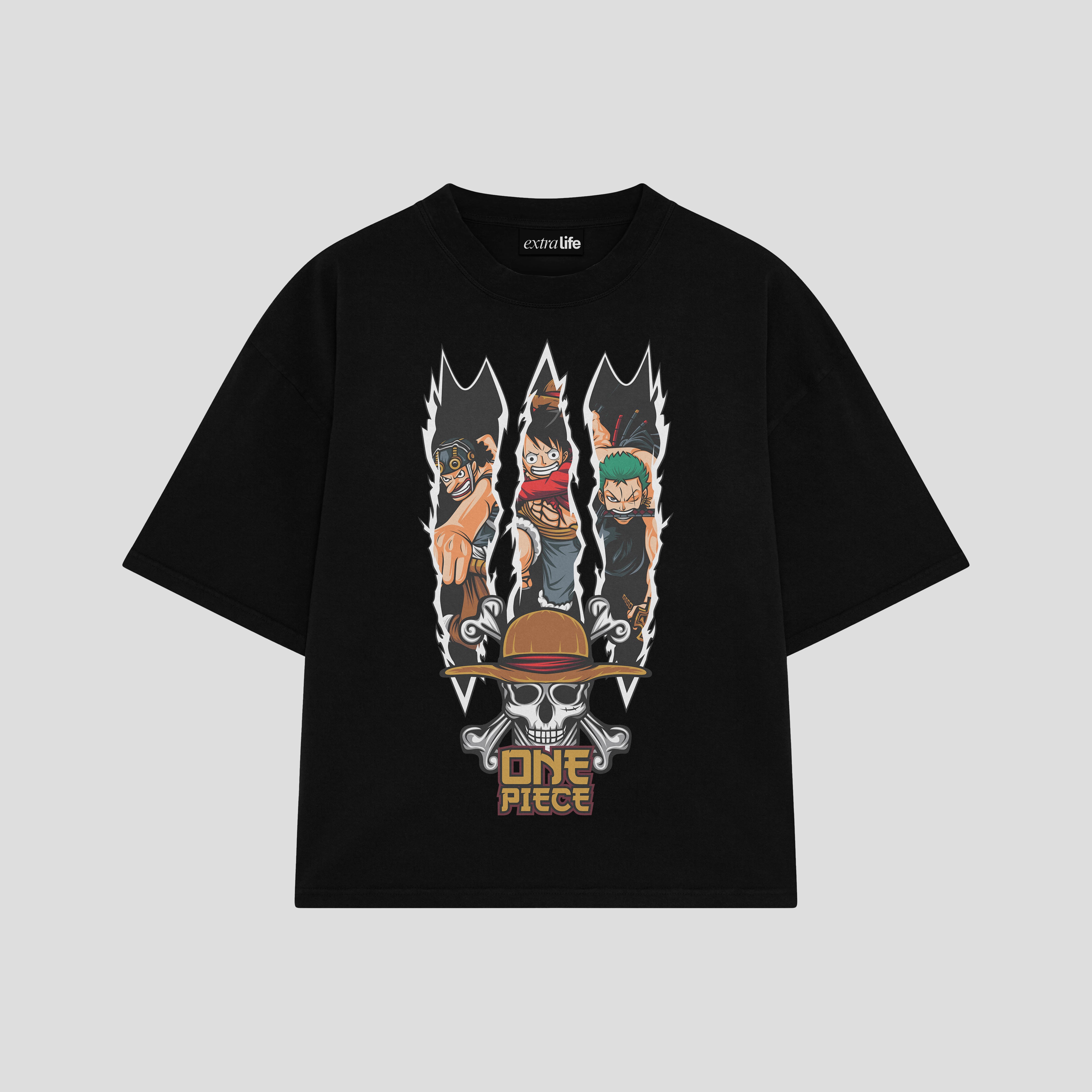 Playera streetwear premium de anime y gaming ExtraLife MX, corte boxy oversized drop shoulder heavyweight en color Deep Black y Off-White, moda urbana mexicana de culto.